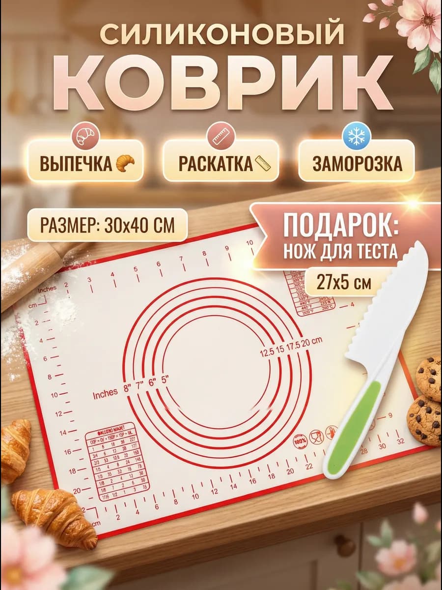 Силиконовый коврик для выпечки 30х40 см с ножом