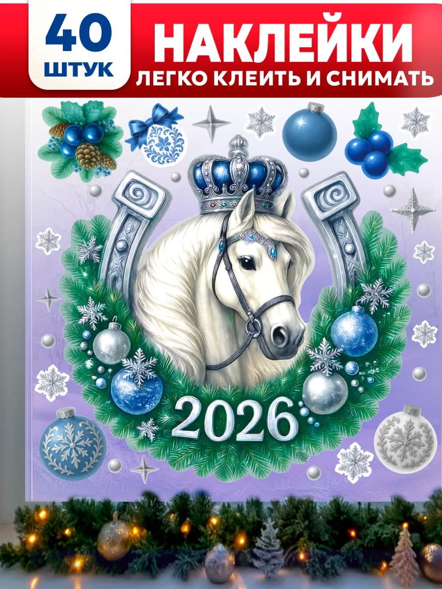 Новогодние наклейки на окна 2026 Лошадь в подкове Серебро"