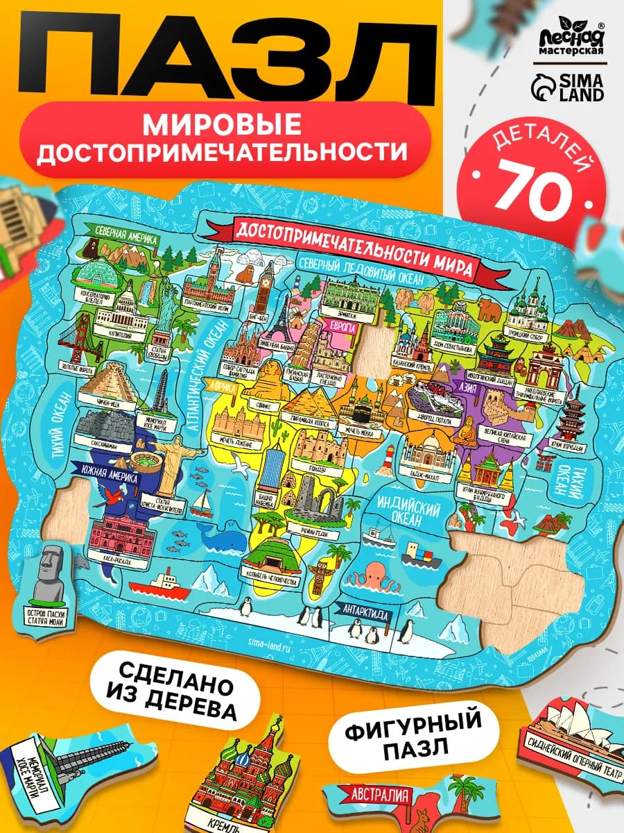 Пазл деревянный фигурный Карта мира - фото 1