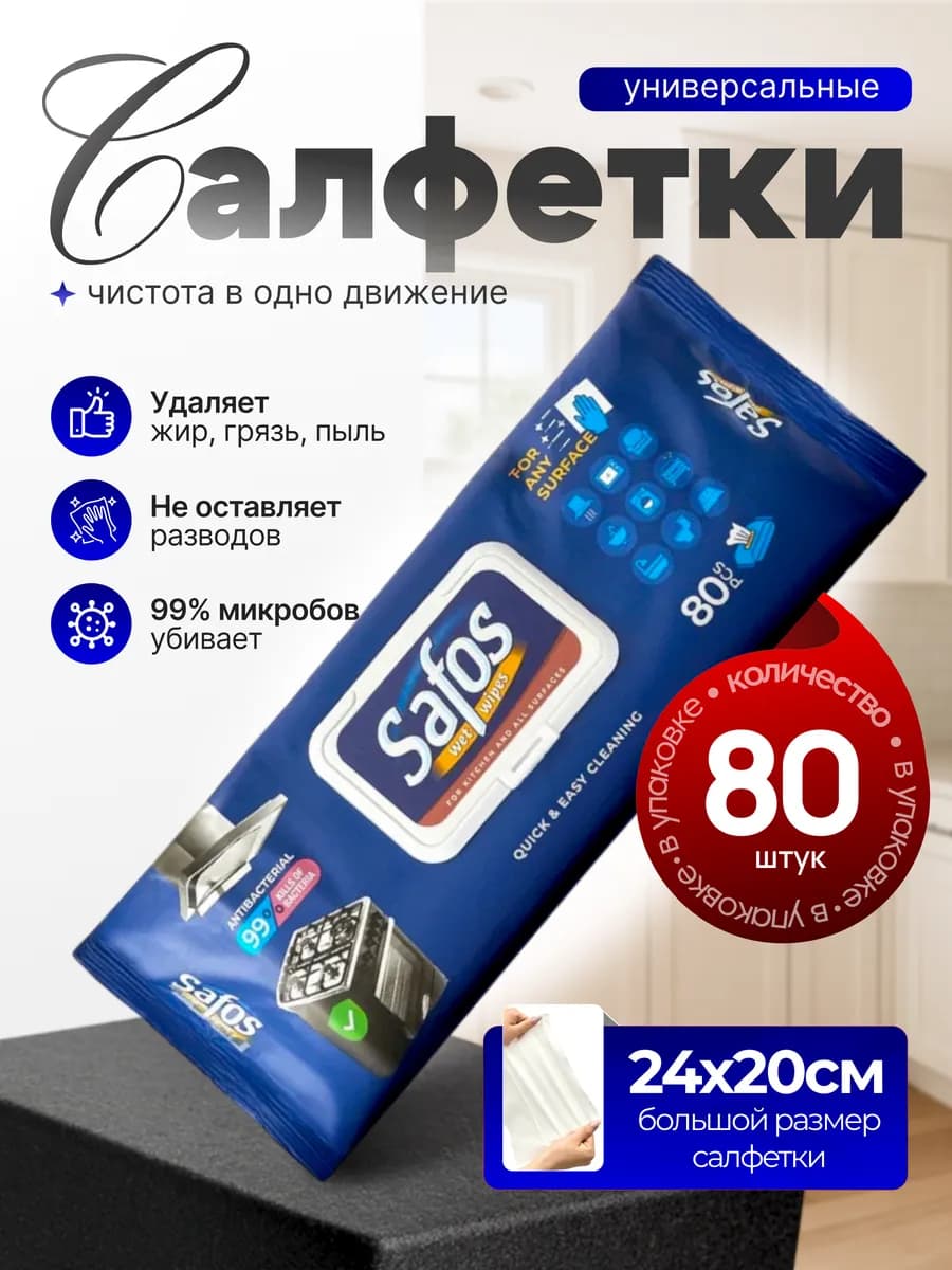 Салфетки влажные "Антижир" для уборки многоразовые 80 шт