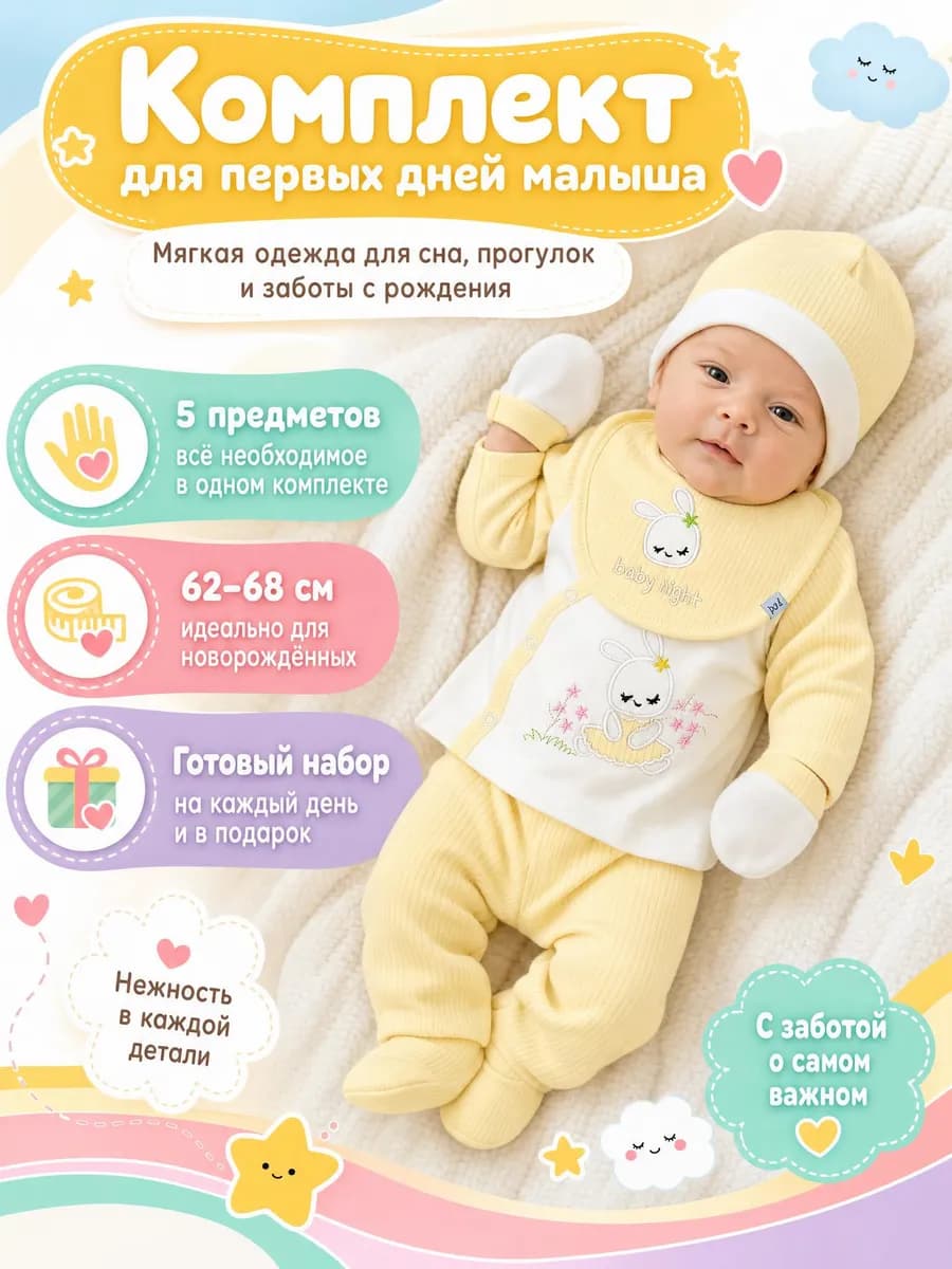 Комплект новорожденному 5 предметов хлопок мягкий для малыша