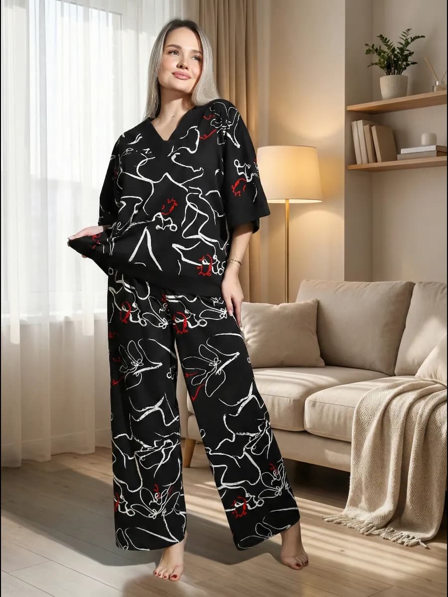 Пижама кимоно со штанами хлопок больших размеров новогодняя - фото 1