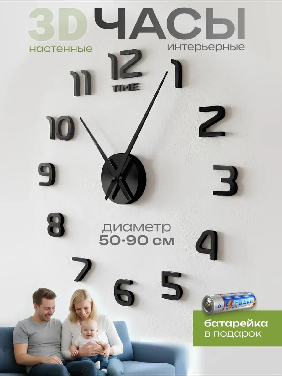 Часы настенные интерьерные самоклеящиеся с цифрами большие