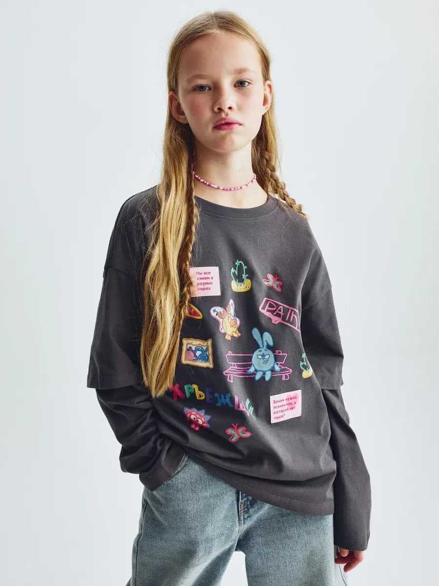 Лонгслив оверсайз многослойный с принтом x Смешарики