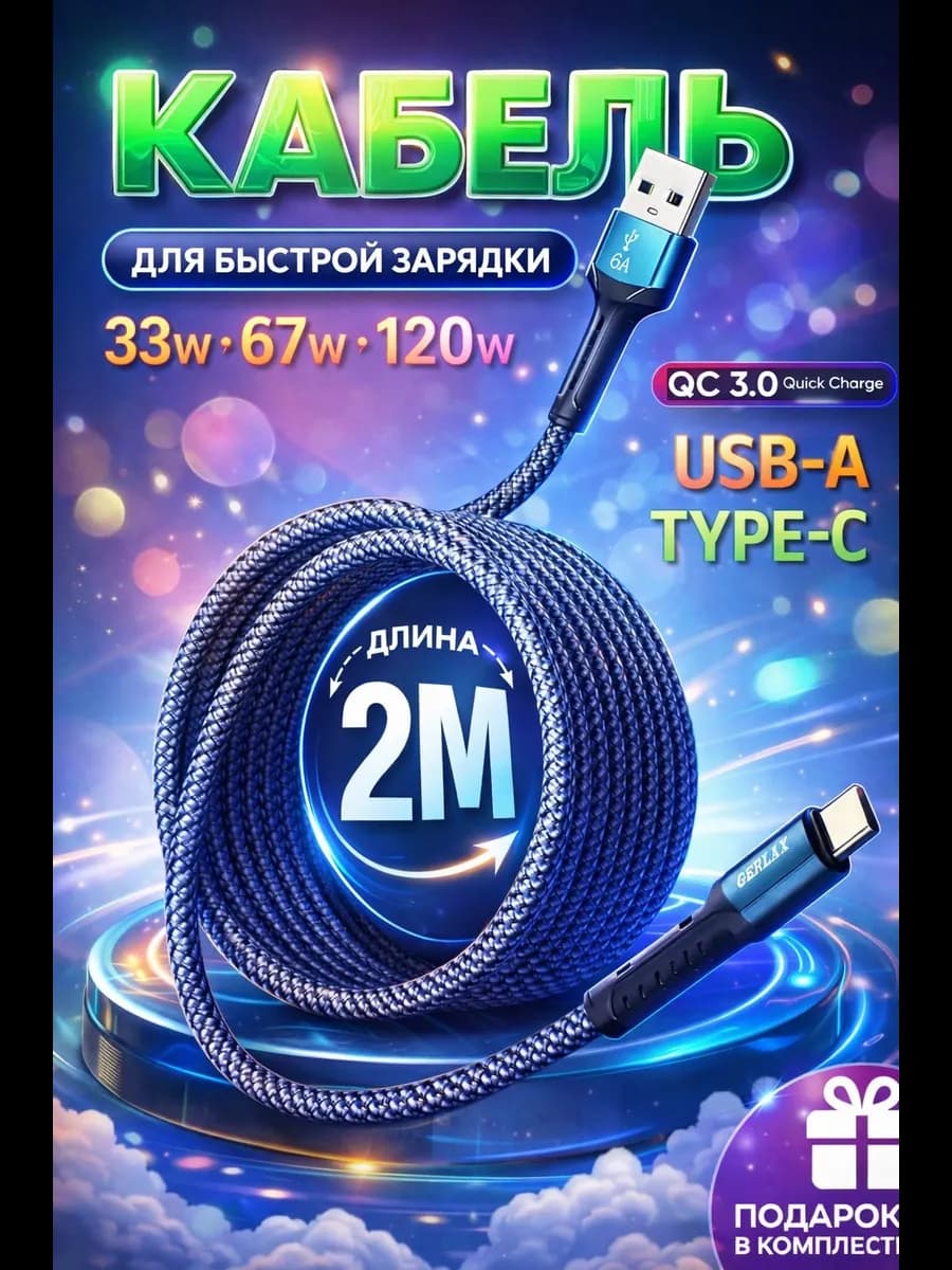 Кабель type-c USB 2м быстрая зарядка нейлоновый Redmi Poco - фото 1