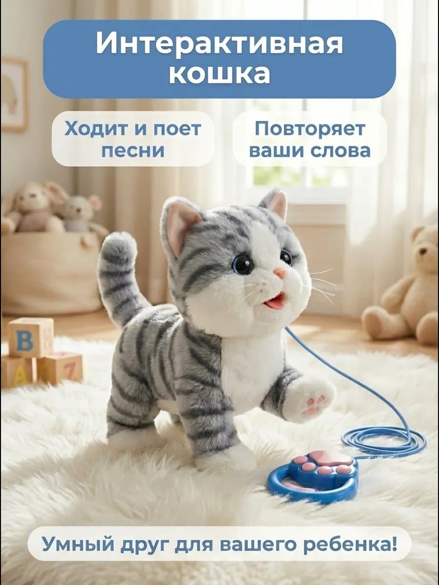 Мягкая интерактивная игрушка кошка на поводке