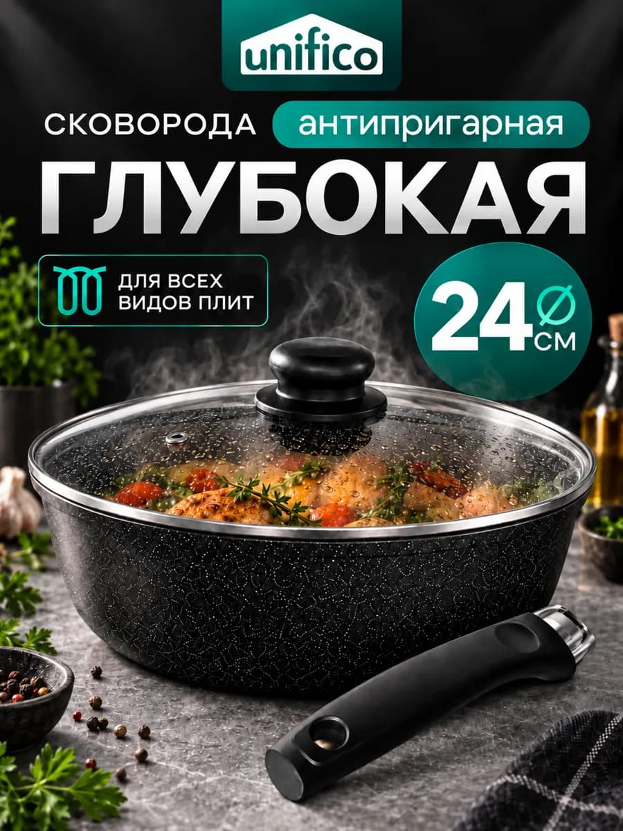 Сковорода с крышкой антипригарная 24 см съемная ручка Браво