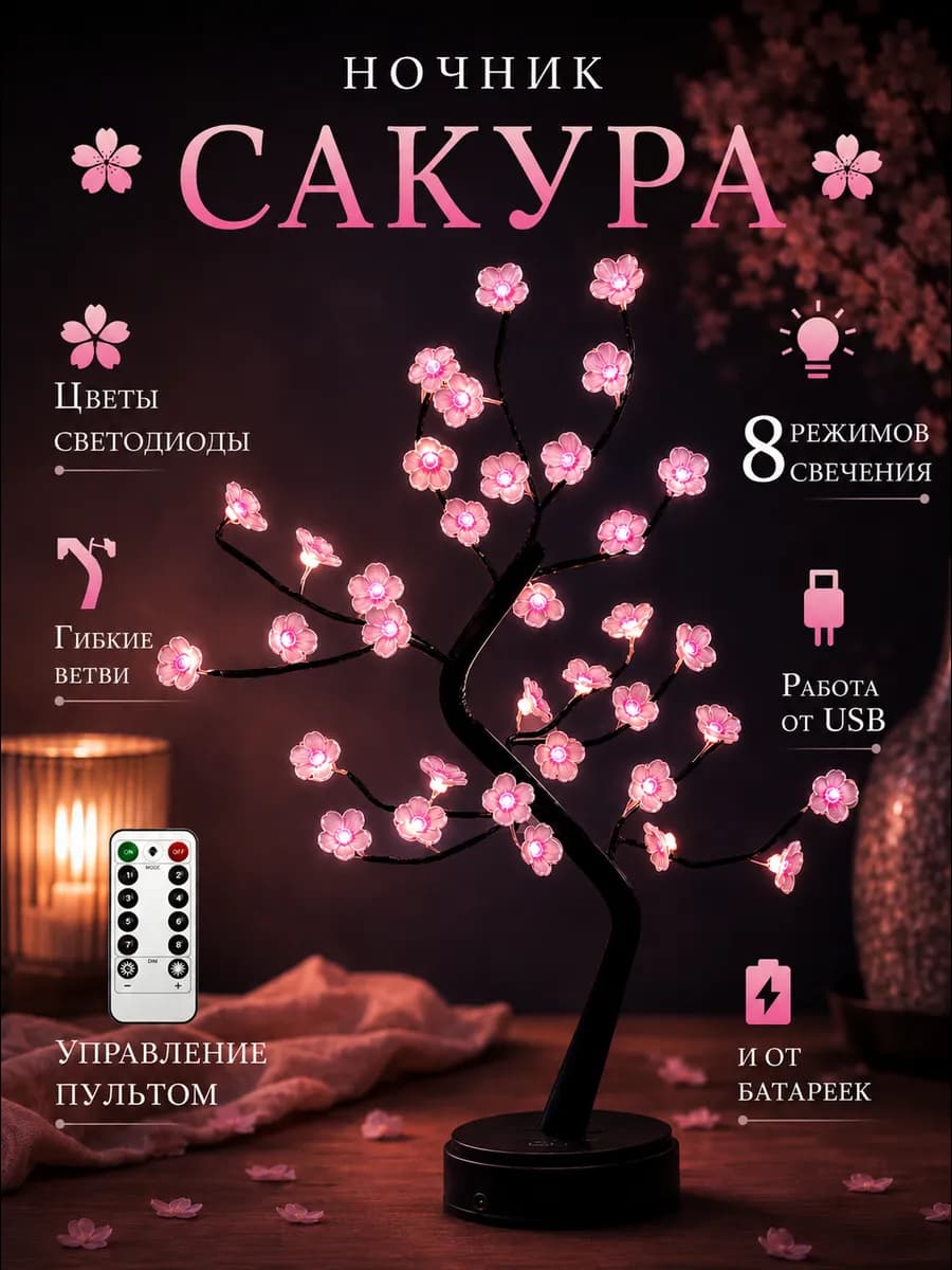 Светодиодное дерево сакура ночник светильник настольный LED