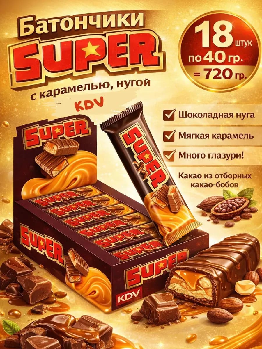 Батончики шоколадные с карамелью, нугой Super супер 720гр