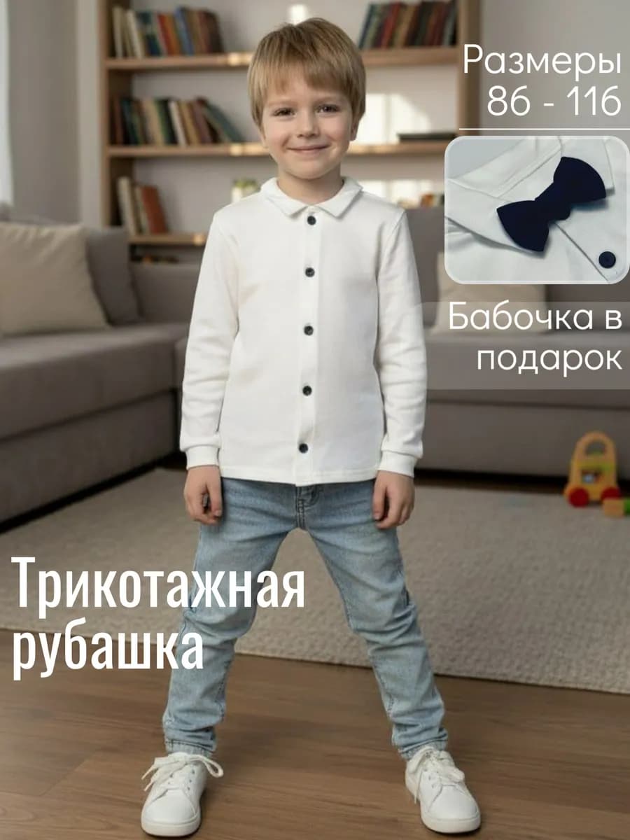 Рубашка белая трикотажная праздничная с бабочкой