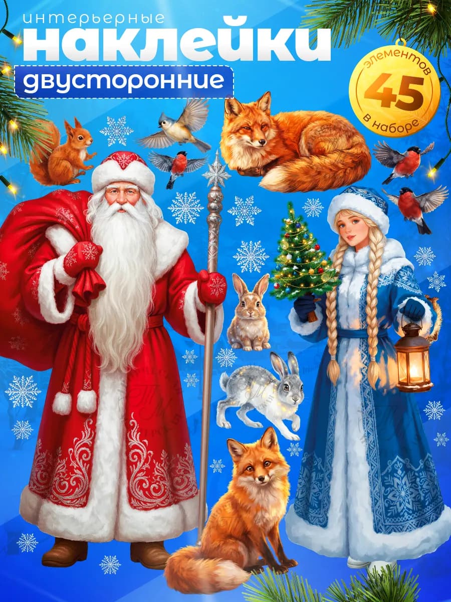 Наклейки, двусторонние новогодние на окна, Дед Мороз - фото 1