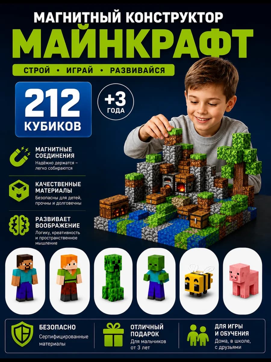 Магнитный конструктор Minecraft 212 деталь