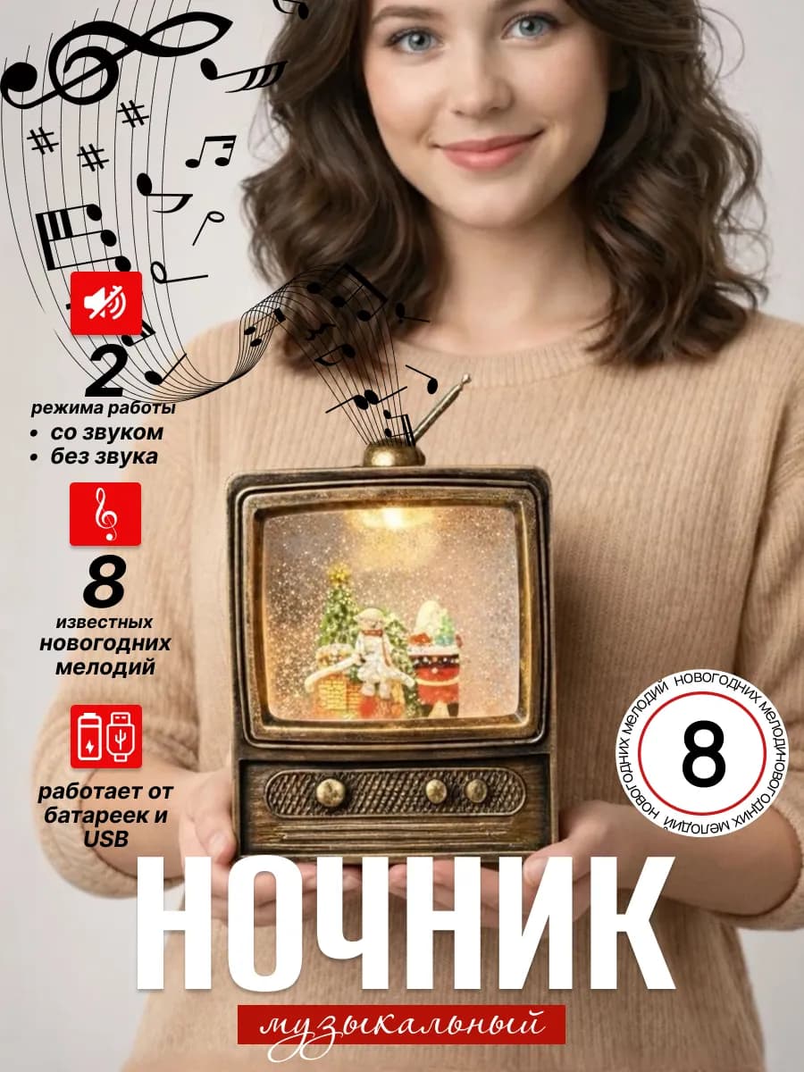 Ночник музыкальный светильник со снегом телевизор