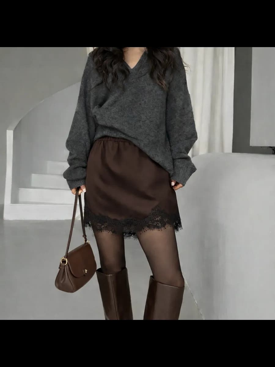 Юбка мини атласная с кружевом женская, бельевой стиль