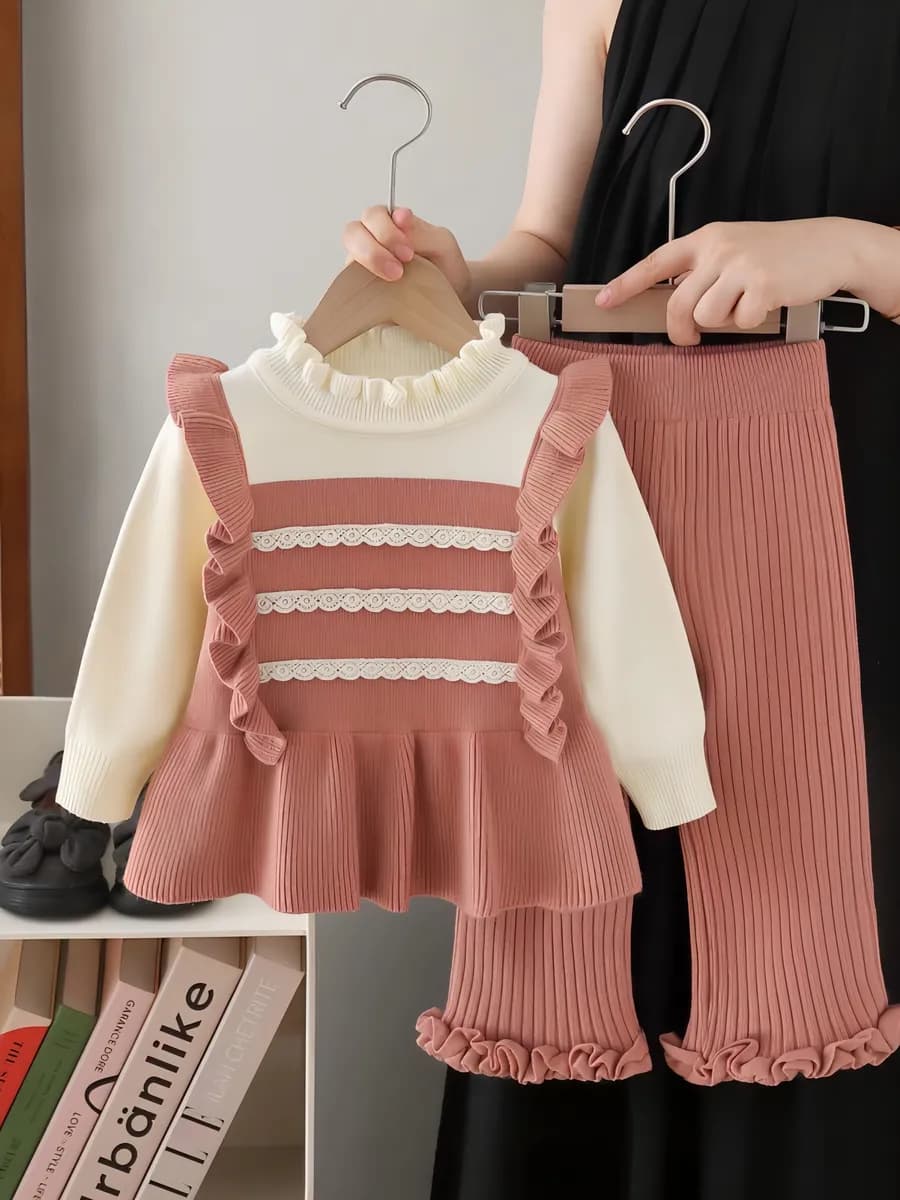 Теплый вязаный трикотажный костюм с брюками двойка