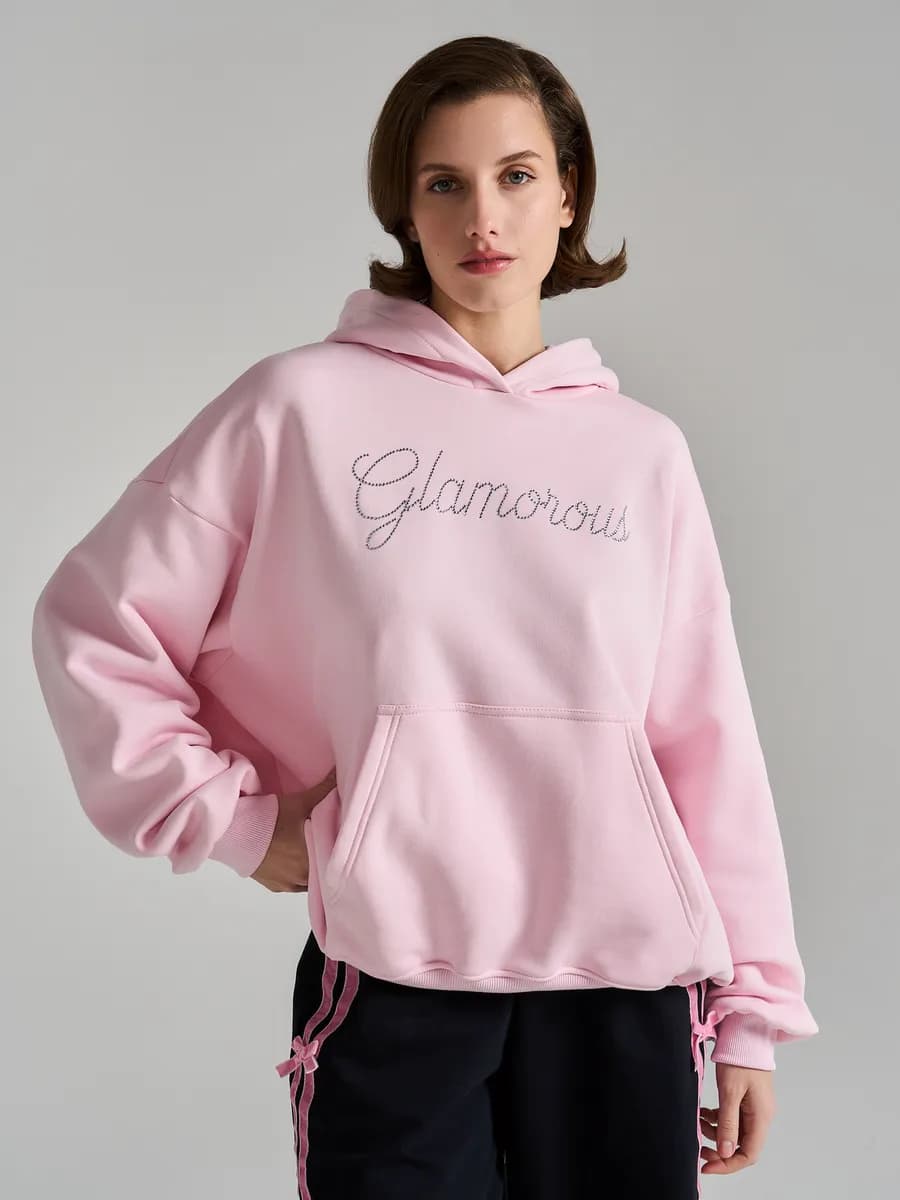 Теплое худи с надписью стразами и начесом