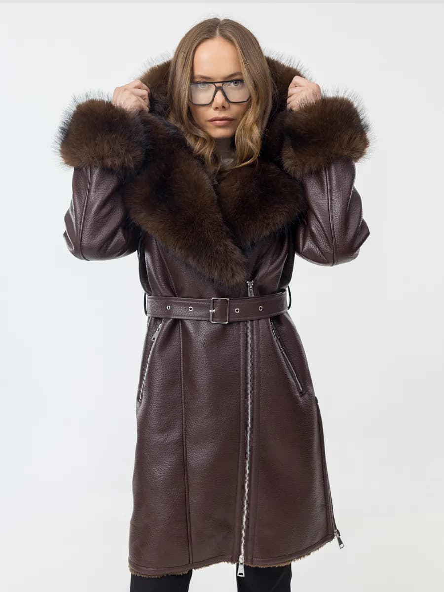 Дубленка зимняя длинная с капюшоном большие размеры