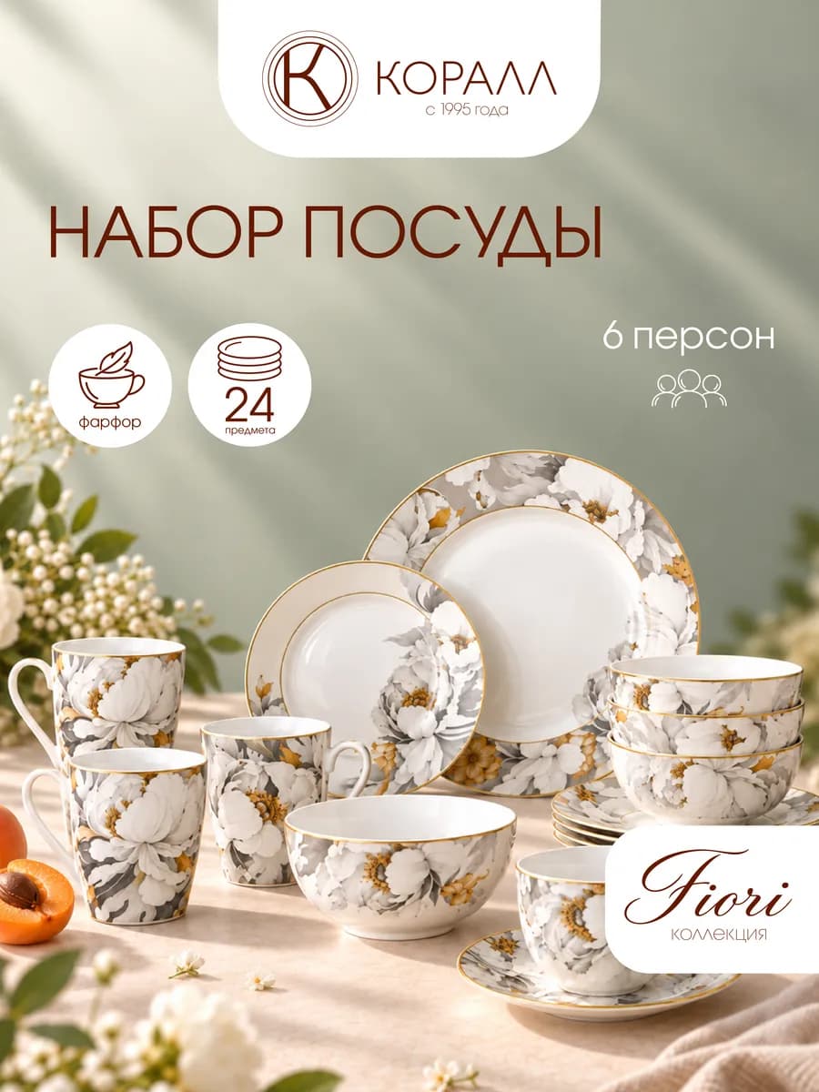 Набор посуды столовой на 6 персон Fiori 24 предмета