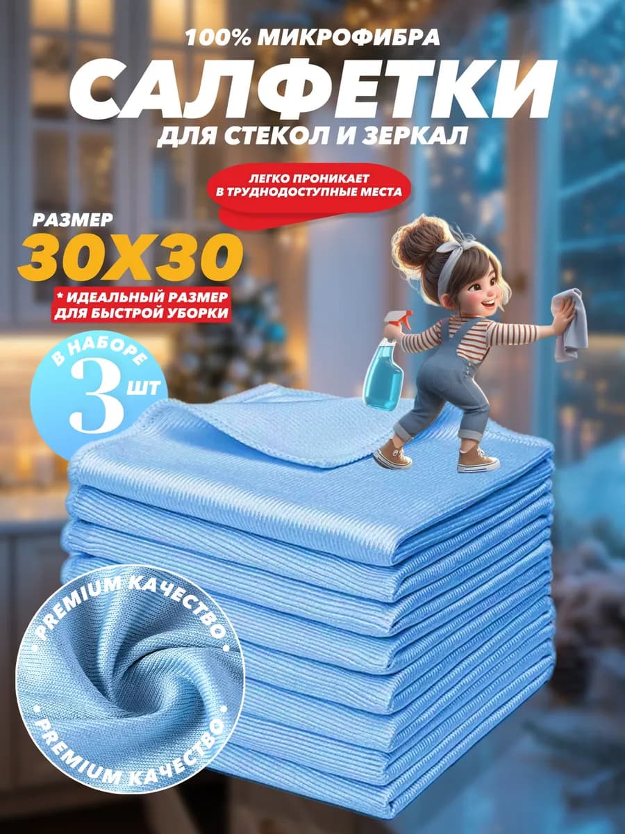Тряпка для стекол и зеркал без разводов 3 шт