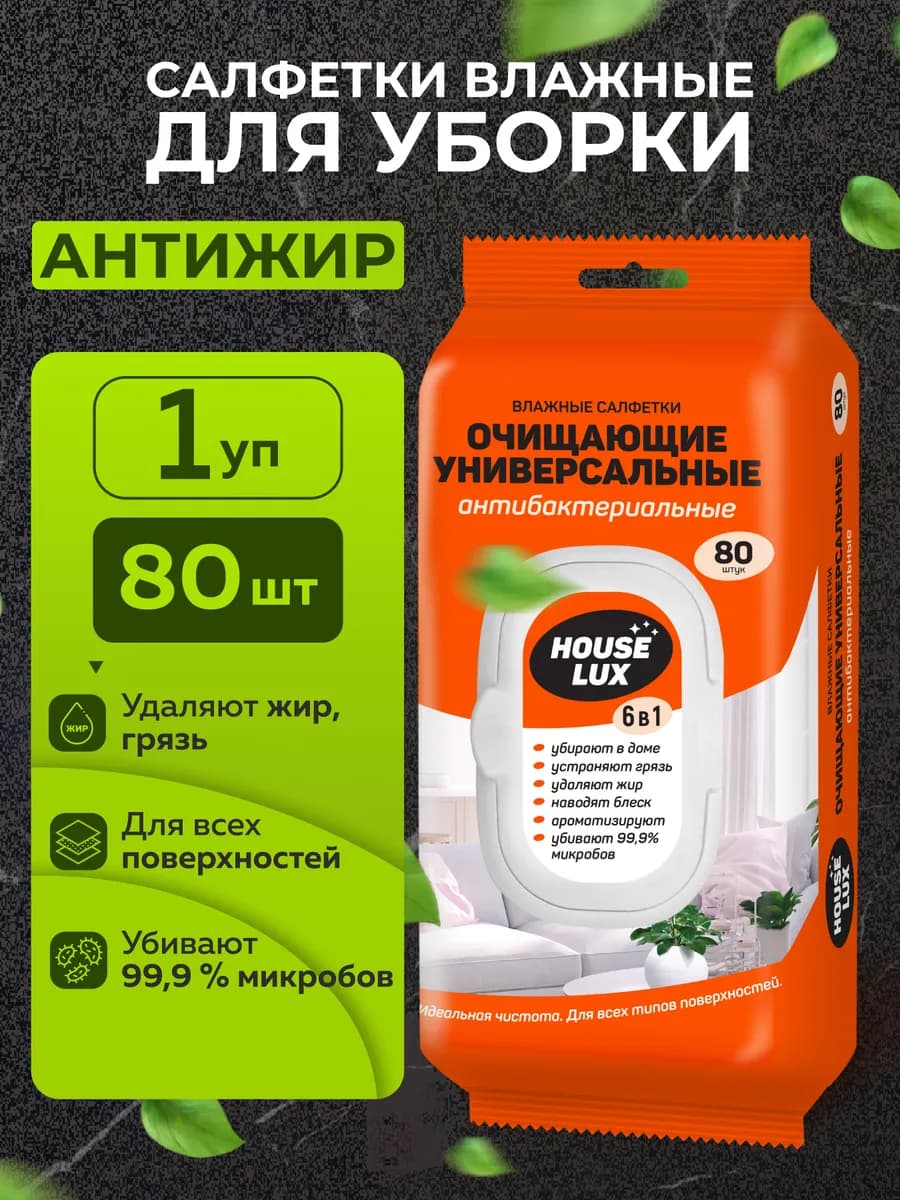 Влажные салфетки антижир для уборки антибактериальные 1 уп