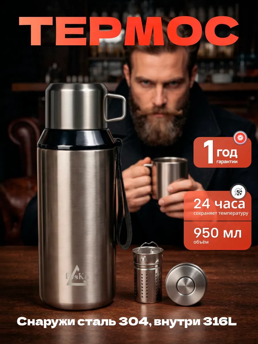 Термос 1 литр для чая металлический с кружкой
