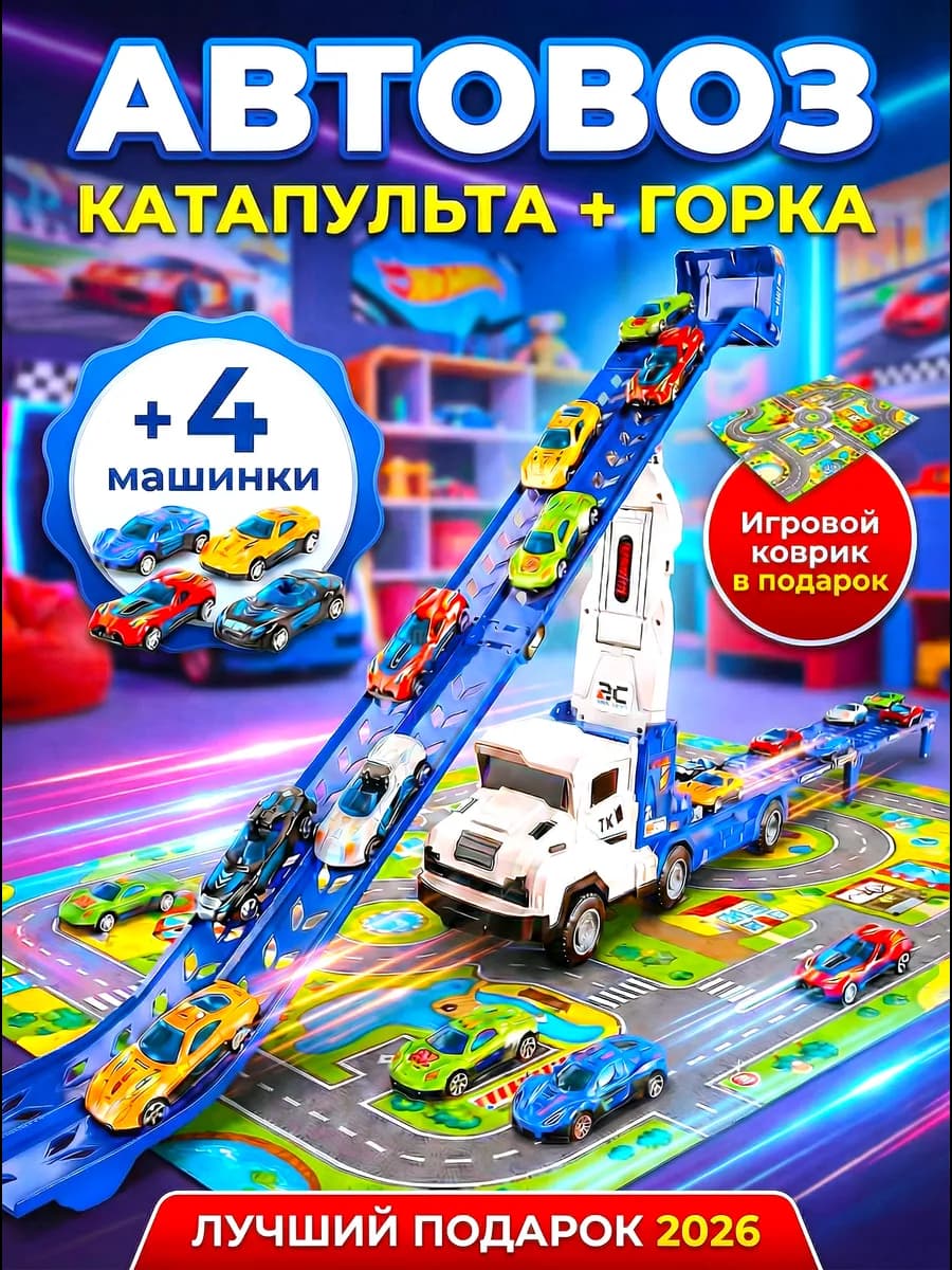 Автовоз с машинками большой катапульта с горкой