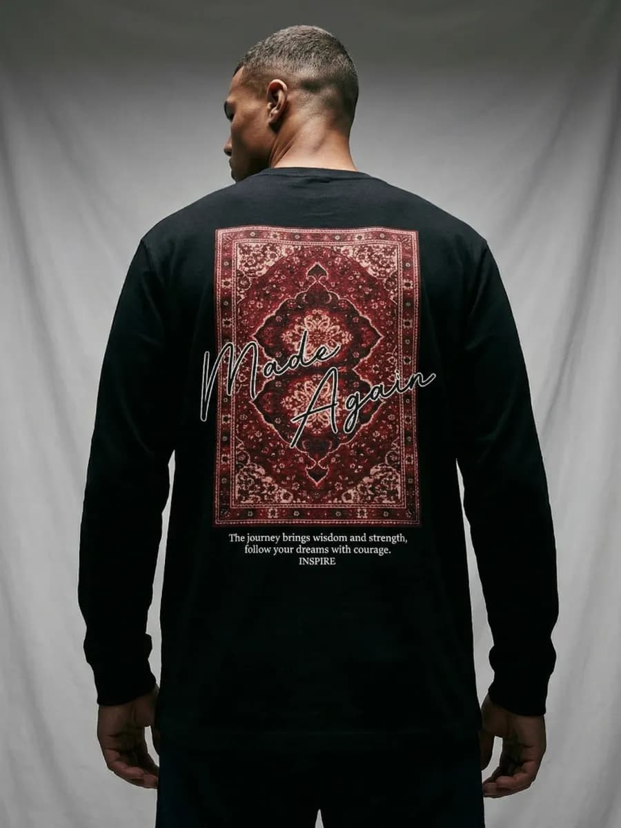 Лонгслив однотонный хлопок оверсайз с принтом ковер