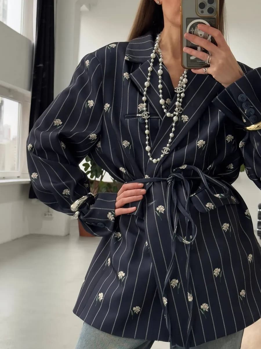 Пиджак оверсайз удлиненный блейзер жакет в цветочек