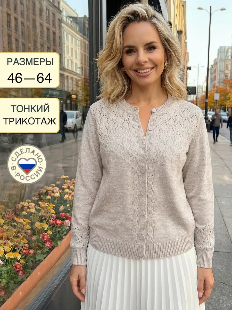 Кардиган укороченный на пуговицах тонкий больших размеров