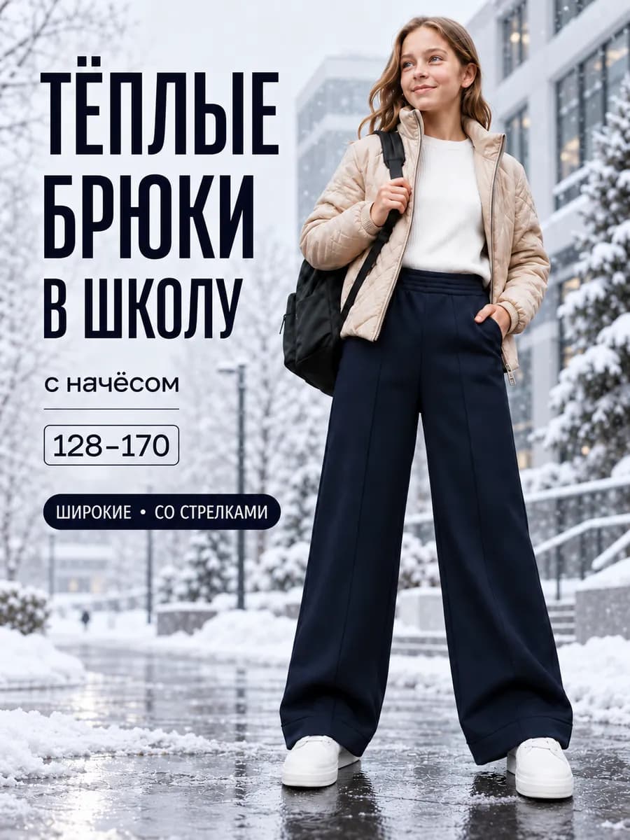 Брюки школьные утепленные широкие палаццо на резинке
