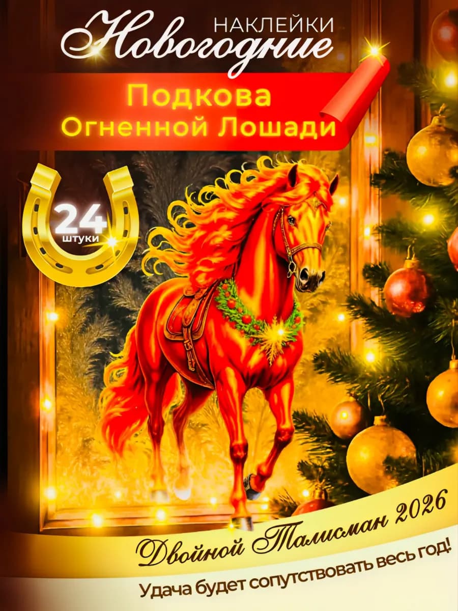 Новогодние наклейки на окна Лошадь 2026 двусторонние