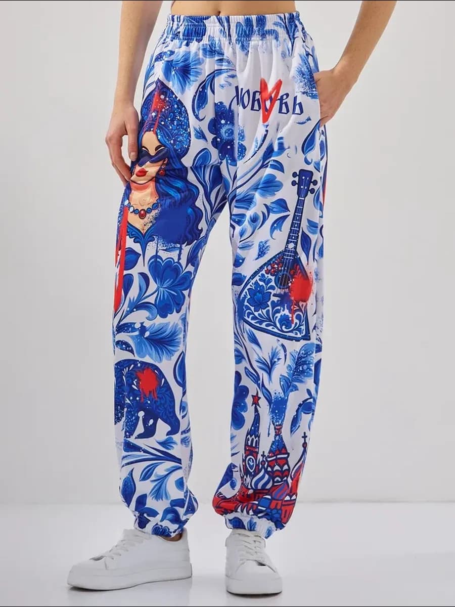 спортивные брюки с принтом гжель русский стиль