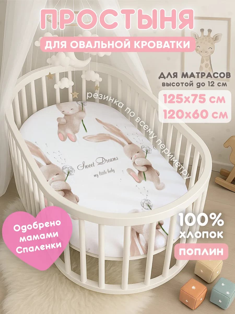 Простынь на резинке 125х75 для овальной кроватки,хлопок