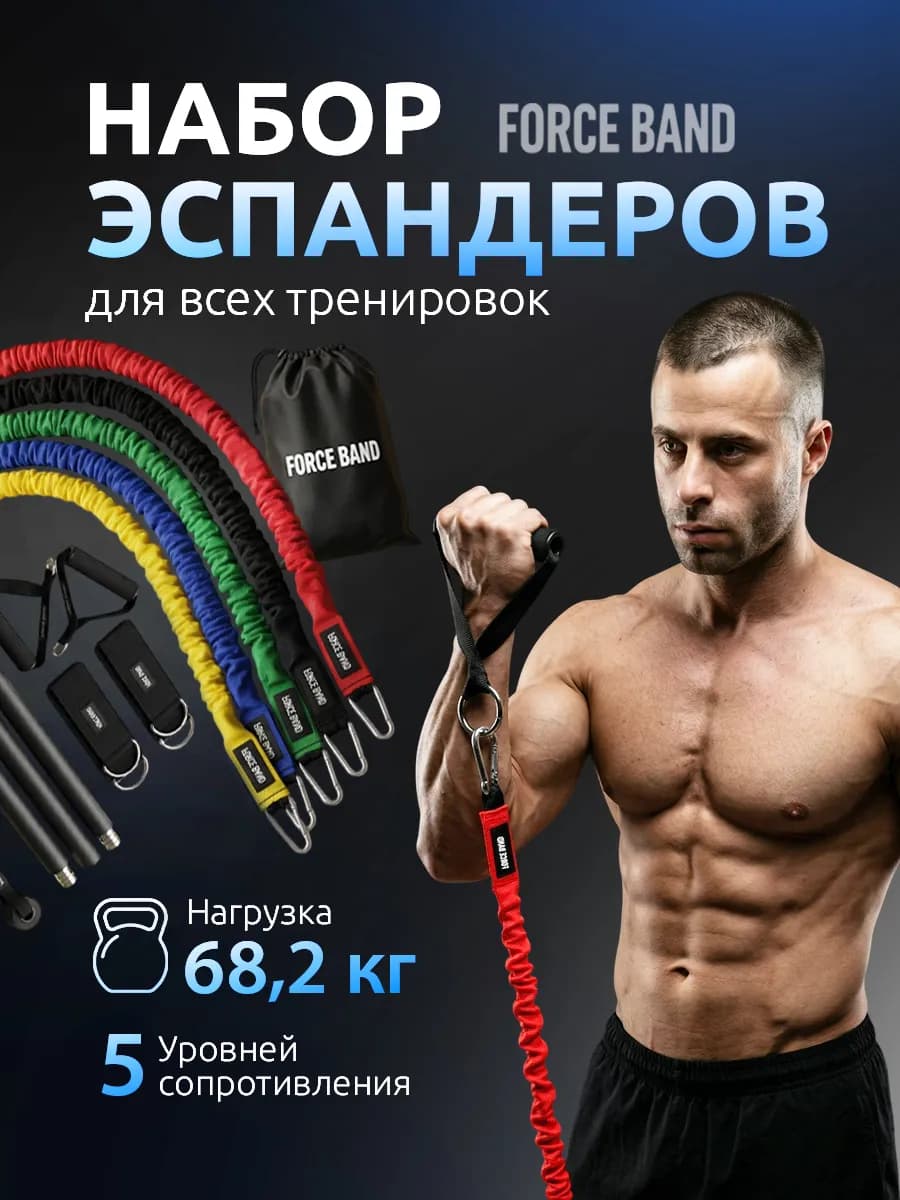 Набор трубчатых эспандеров с грифом для фитнеса