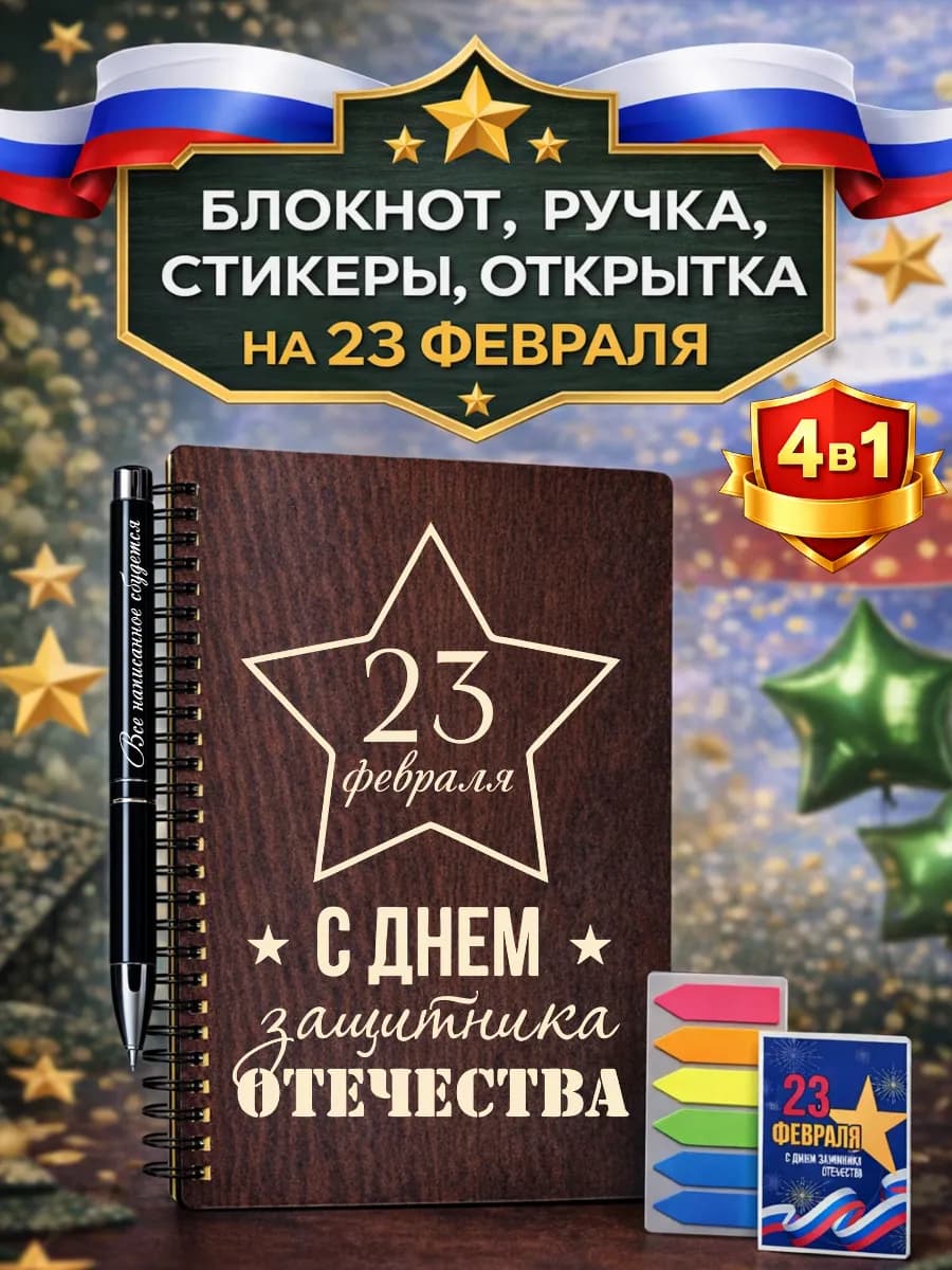 Подарочный блокнот из дерева с ручкой на 23 февраля мужчине