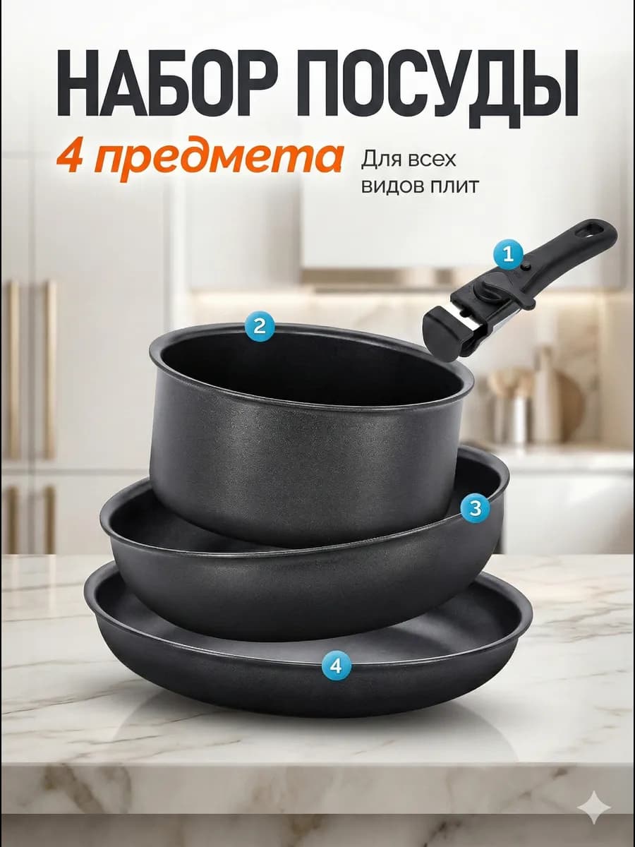 Набор сковород со съемной ручкой