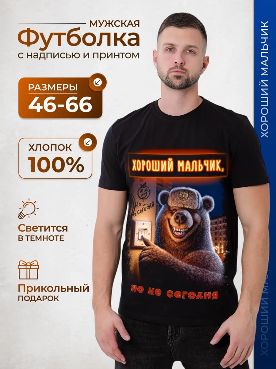 Прикольная футболка с принтом медведя и надписью в подарок