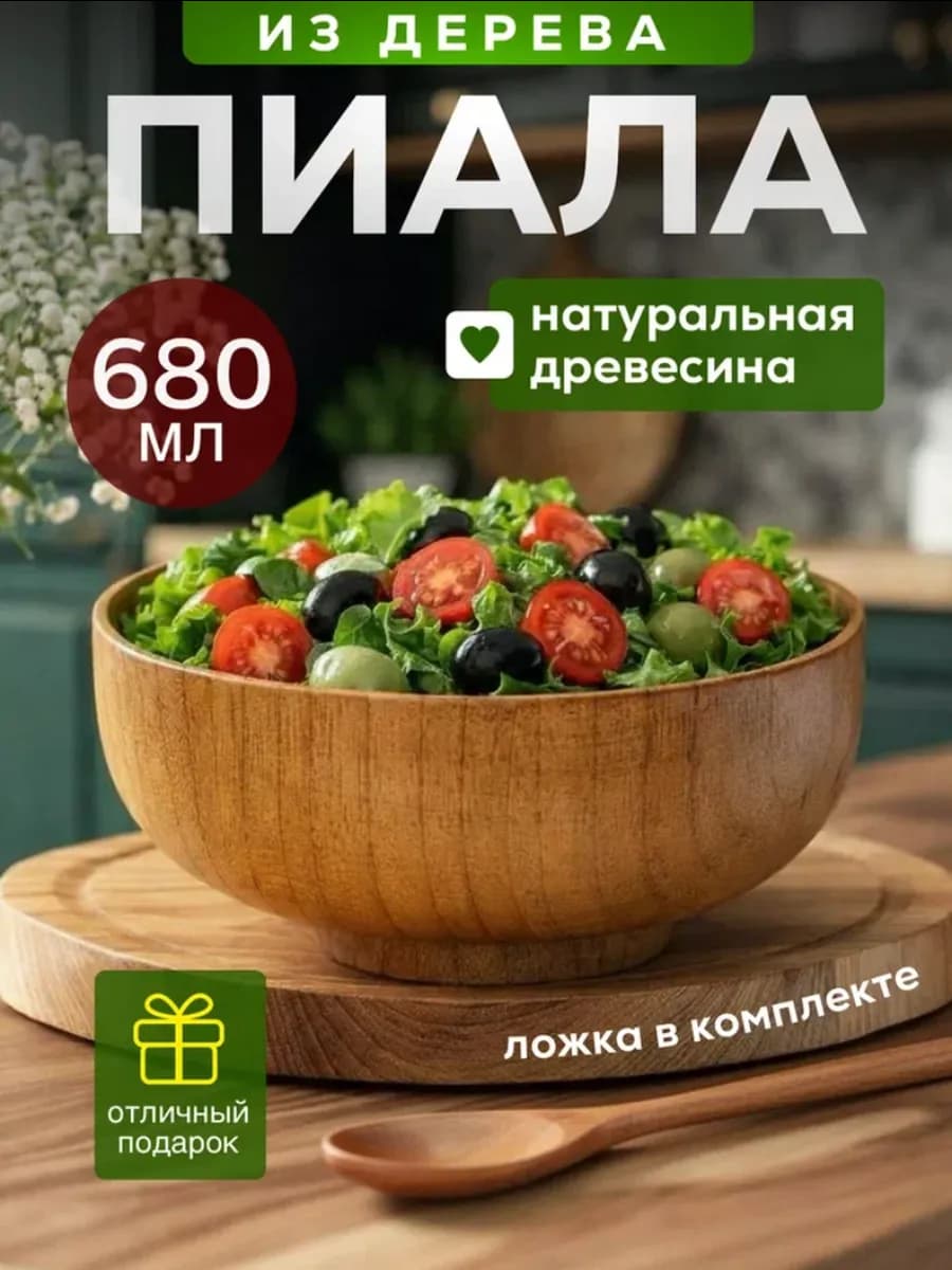 Эко-посуда Деревянная тарелка миска 680 мл с ложкой
