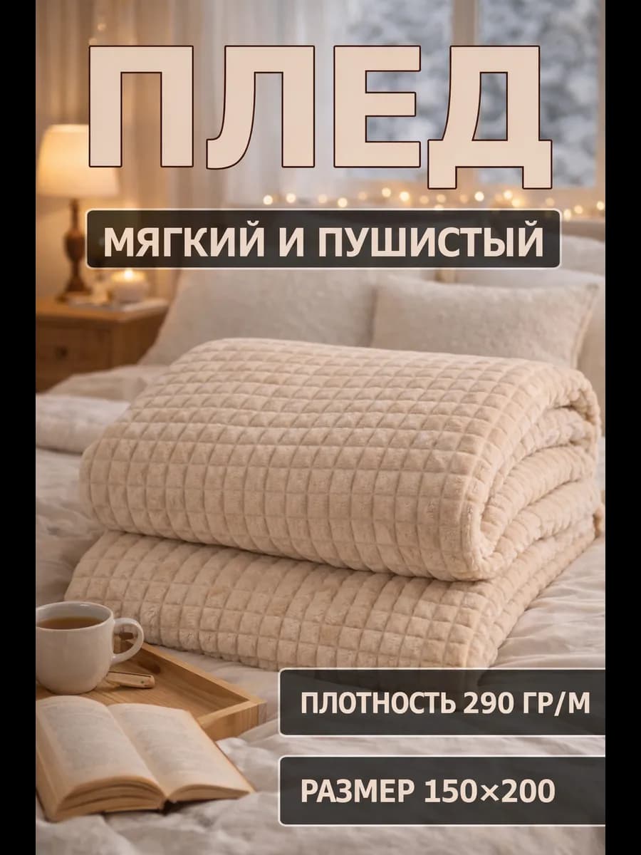 Плед 150х200 пушистый на диван и кровать бежевый