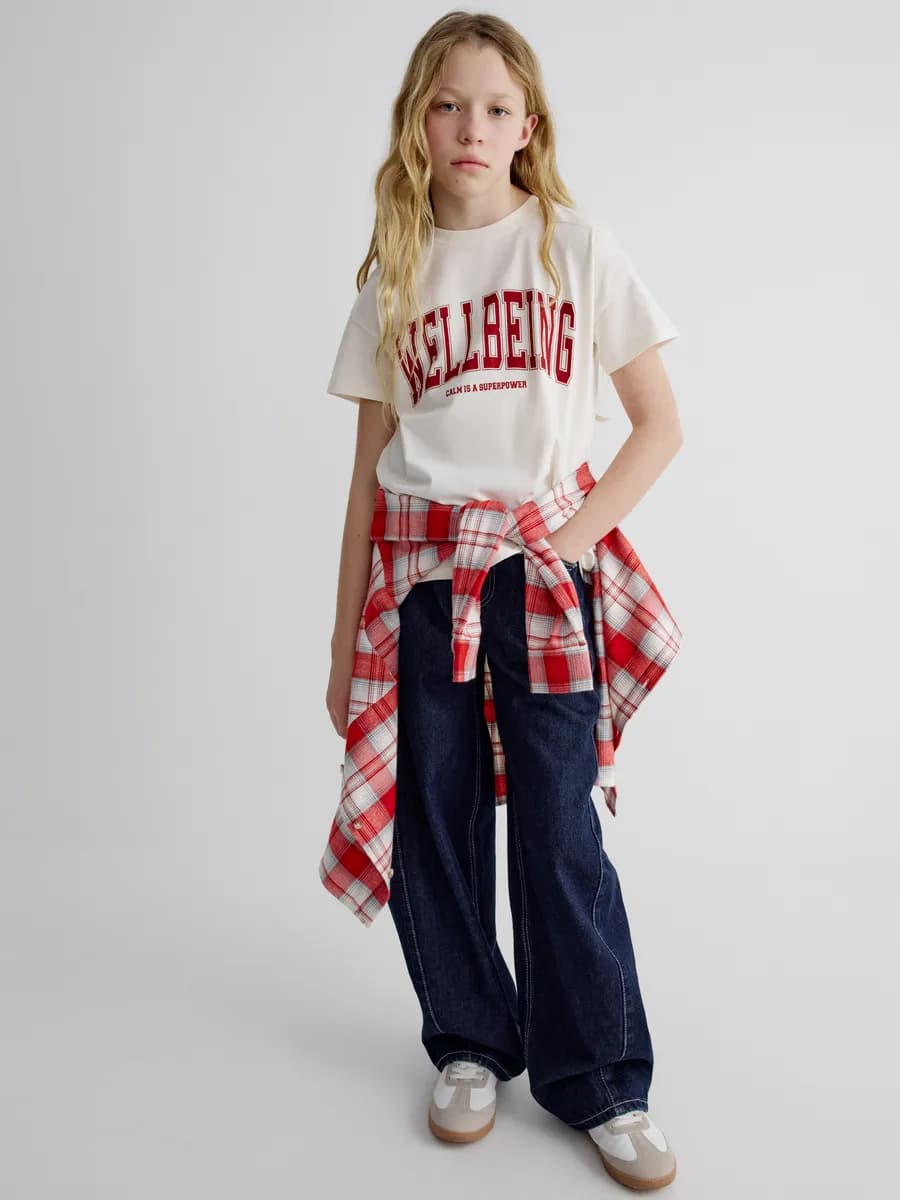 Джинсы багги свободные с розовыми строчками