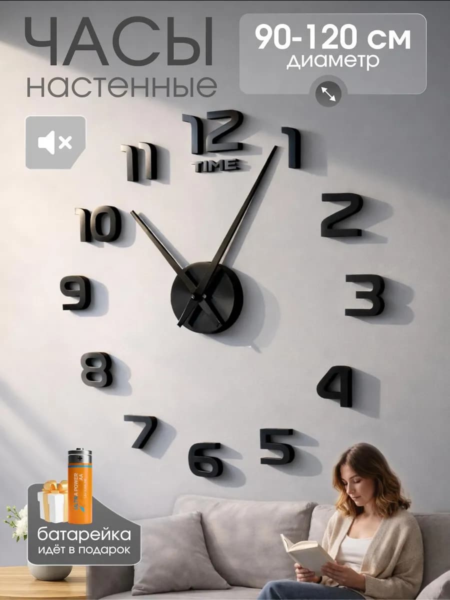 Часы настенные большие интерьерные с цифрами для кухни 3d