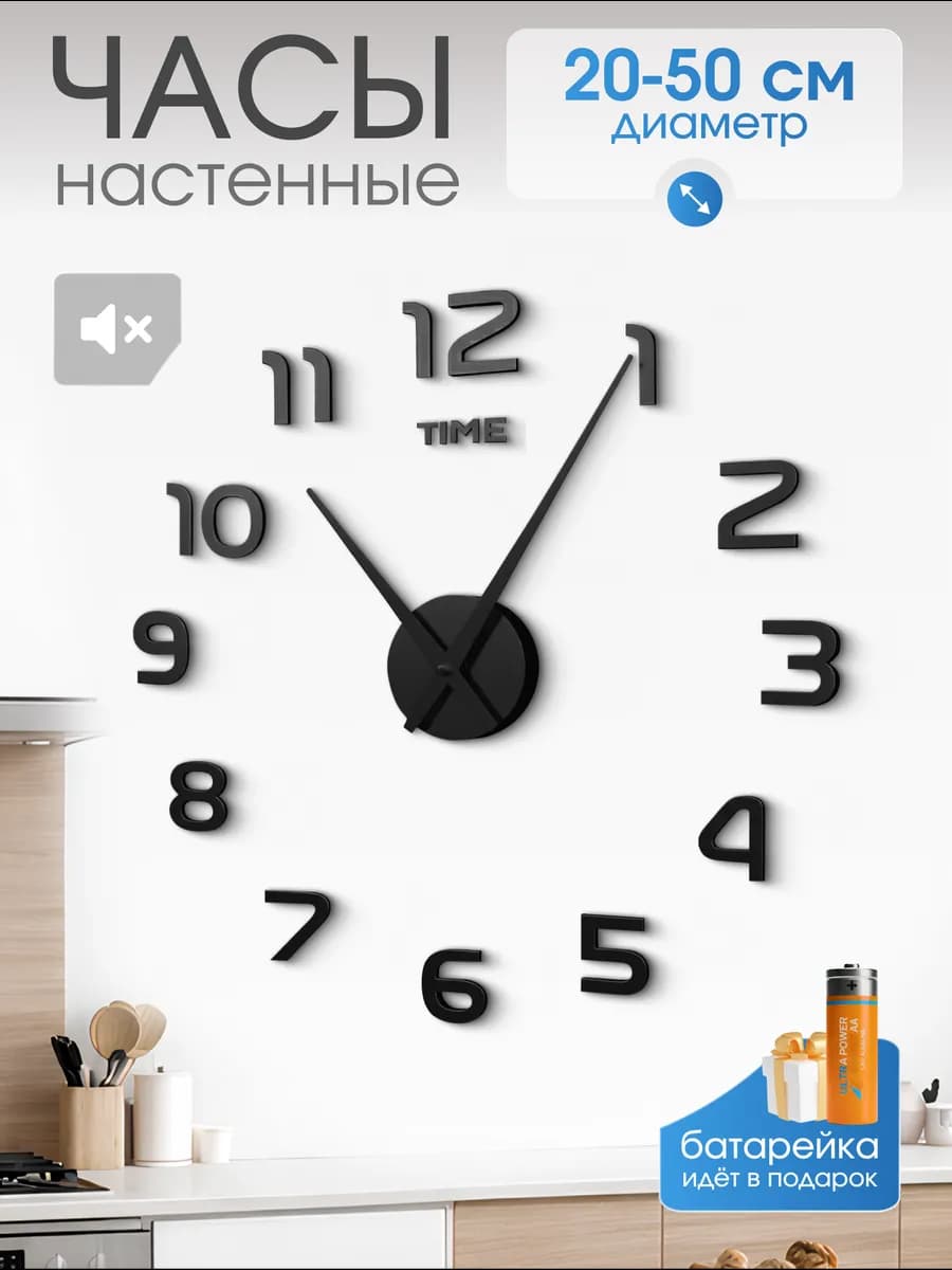 Часы настенные интерьерные с цифрами для кухни 3d