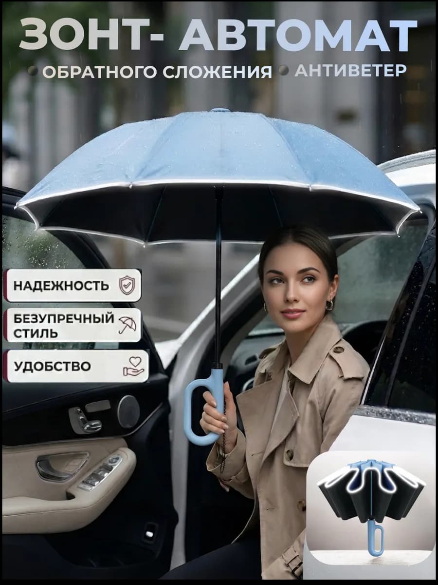 Зонт женский автомат антиветер голубой с карабином