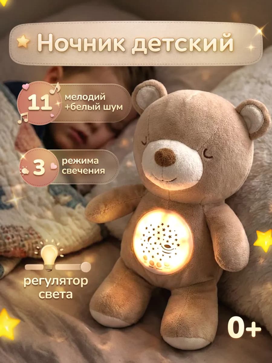 Ночник детский звездное небо Мишка игрушка мягкая