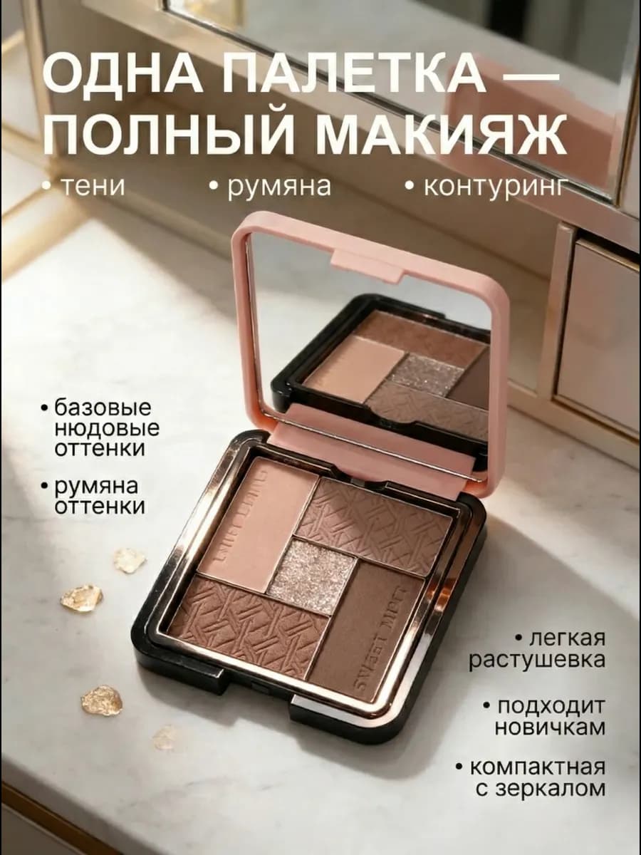 Универсальная палетка теней 5 цветов с румянами и контуринго…