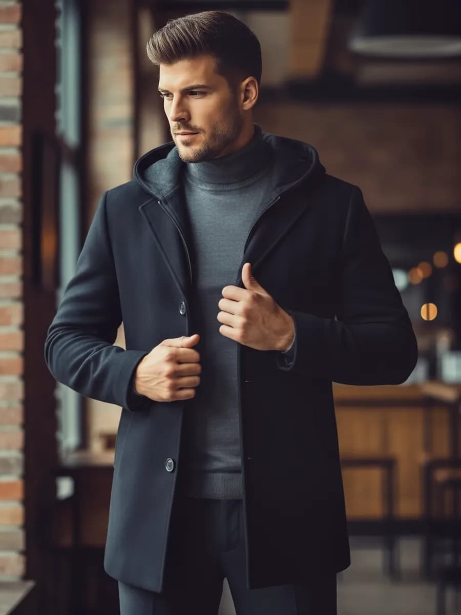 Пальто классическое полупальто с капюшоном и жилетом