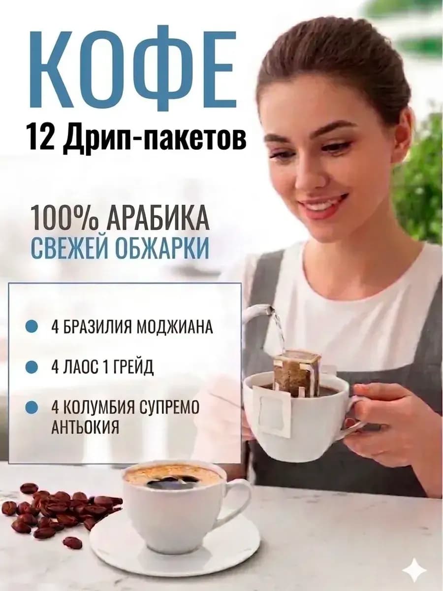 Набор Дрип кофе Бразилия, Колумбия, Лаос 12 пакетов по 12гр