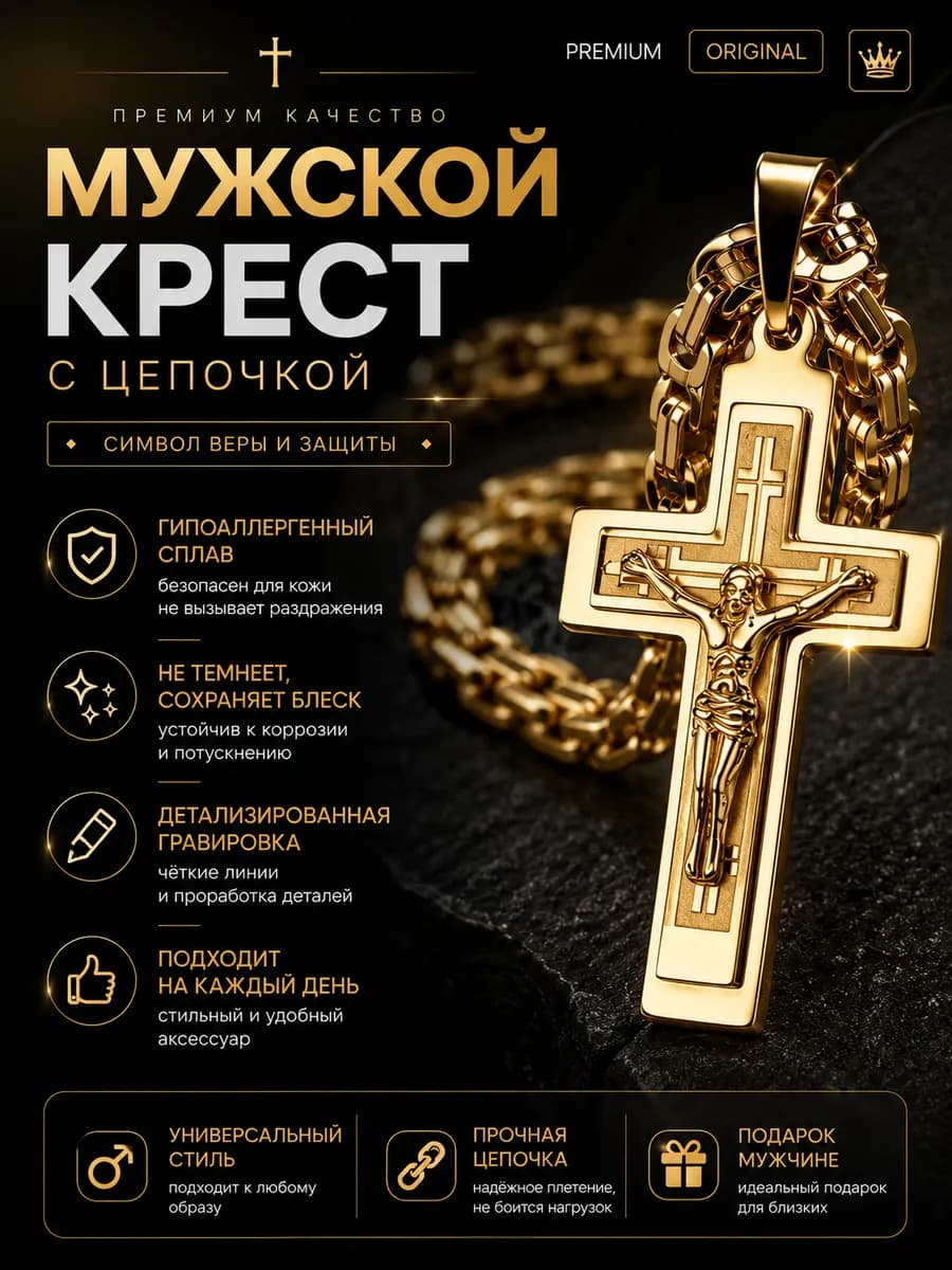 Цепочка на шею с крестом стальная