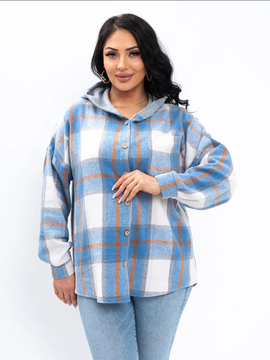 Рубашка в клетку теплая с капюшоном