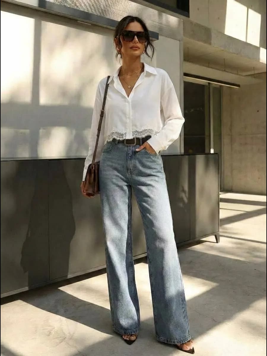 Нарядная шелковая рубашка с кружевом укороченная